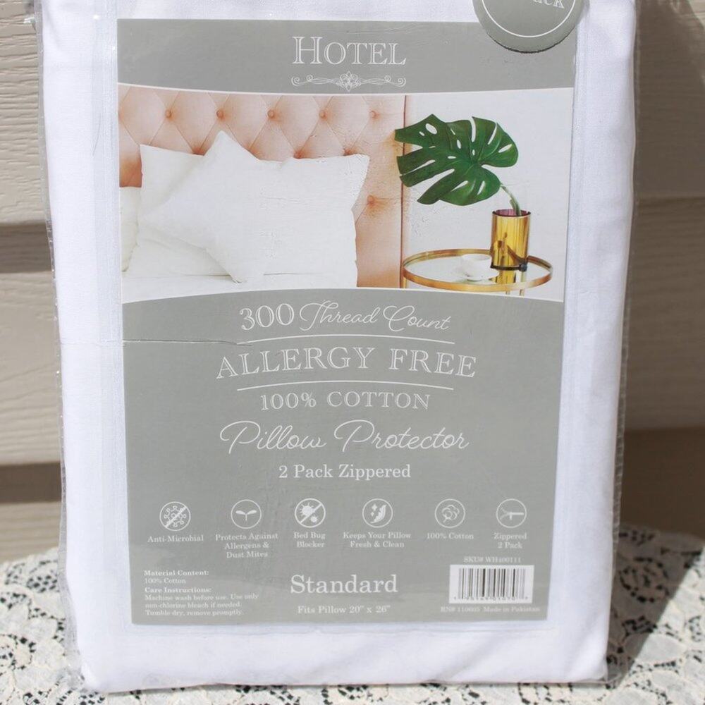 Hotel Pillow Protectors Standard 2 Pack Zippered 100% Cotton 300 Thread Count